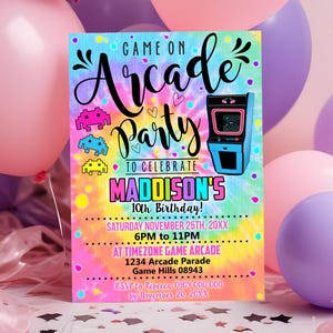 ARCADE INVITATION Invitation Editable Girl Arcade Party Birthday Invitation Girl Tie Dye Video Gaming Arcade Birthday Party Gaming Party