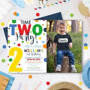 TIEMPO DE FIESTA Invitación de cumpleaños Editable Confeti Foto 2a invitación de cumpleaños Descarga instantánea Niño 2a invitación de cumpleaños color primario