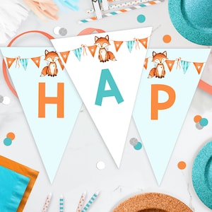 FOX BIRTHDAY BANNER Editable Fox Party Flags Watercolor Fox Birthday Banner Corjl Fox Happy Birthday Banner Printable Fox Birthday Bunting