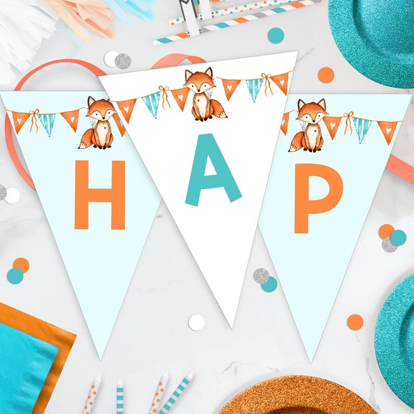 FOX BIRTHDAY BANNER Editable Fox Party Flags Watercolor Fox Birthday Banner Corjl Fox Happy Birthday Banner Printable Fox Birthday Bunting