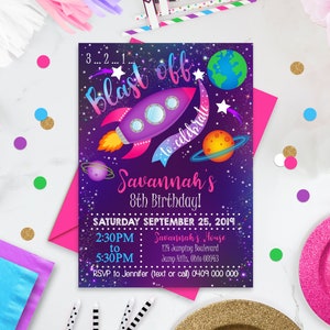 GIRL SPACE INVITATION Girl Space Party Invitation Rocket Invitation Galaxy Invitation Space Birthday Editable Space Invitation Corjl Space