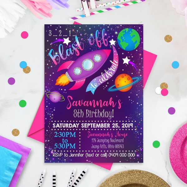GIRL SPACE INVITATION Girl Space Party Invitation Rocket Invitation Galaxy Invitation Space Birthday Editable Space Invitation Corjl Space