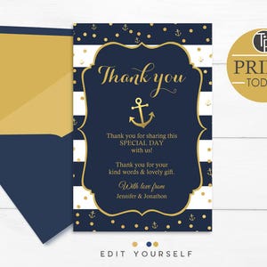 NAUTICAL THANK YOU Card Instant Download Navy Gold Anchor Thank you Instant Download Thank you Baptism Thank you Editable Nautical 0315 image 3