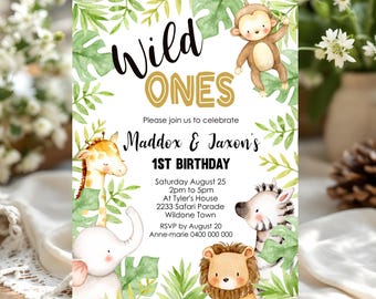 Wild One Twins Birthday Invitation: Jungle Safari (Digital Download)