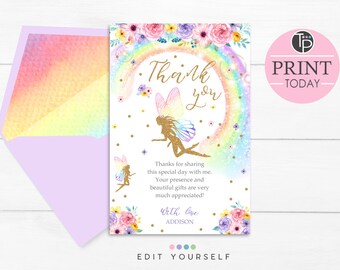 Pink Watercolour Fairy Girls Party Thank You Cards Pink Watercolour Fairy Girls Party Thank You Cards