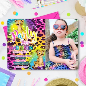 RAINBOW CHEETAH Party Invitation Editable Corjl Rainbow Cheetah Photo Invitation Instant Download Rainbow Cheetah Print Birthday Invite