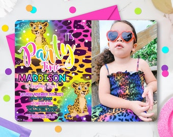Rainbow Cheetah Birthday Invitation: Editable Photo Party Invite (Digital Download)