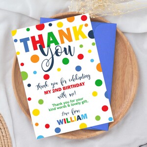 Tarjeta de agradecimiento para niño Colores primarios Tarjeta de agradecimiento Dos tarjetas de agradecimiento muy divertidas Una es divertida Gracias Lunares Gracias Confeti Gracias
