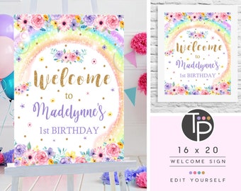 RAINBOW WELCOME Sign, Instant Download Welcome Sign, Rainbow 1st Birthday Welcome Sign, 16x20 Party Sign, Editable Rainbow Welcome, 0245