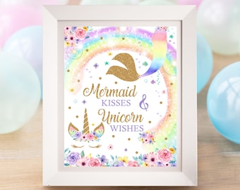 May include: A white framed print with a rainbow, a mermaid tail, and a unicorn head. The text reads "Mermaid Kisses & Unicorn Wishes".