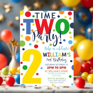 Invitación de cumpleaños para fiesta de dos tiempos, confeti editable, invitación para el segundo cumpleaños, descarga la invitación para el segundo cumpleaños del niño, colores primarios digitales 0224