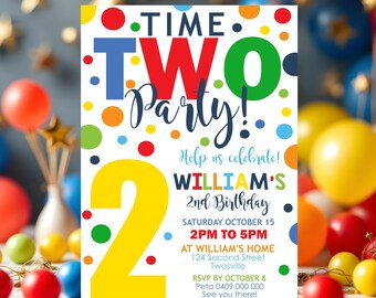 Time Two Party Invitation: Confetti 2nd Birthday, Boy (Digital Download)