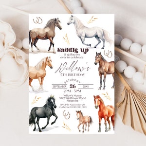 Faire-part d'anniversaire cheval Invitation de fête cheval modifiable Téléchargement instantané Invitation d'anniversaire cheval en selle Invitation cheval cow-girl numérique