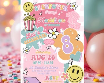 Preppy sleepover-verjaardagsuitnodiging: smiley en madeliefje-thema (digitale download)