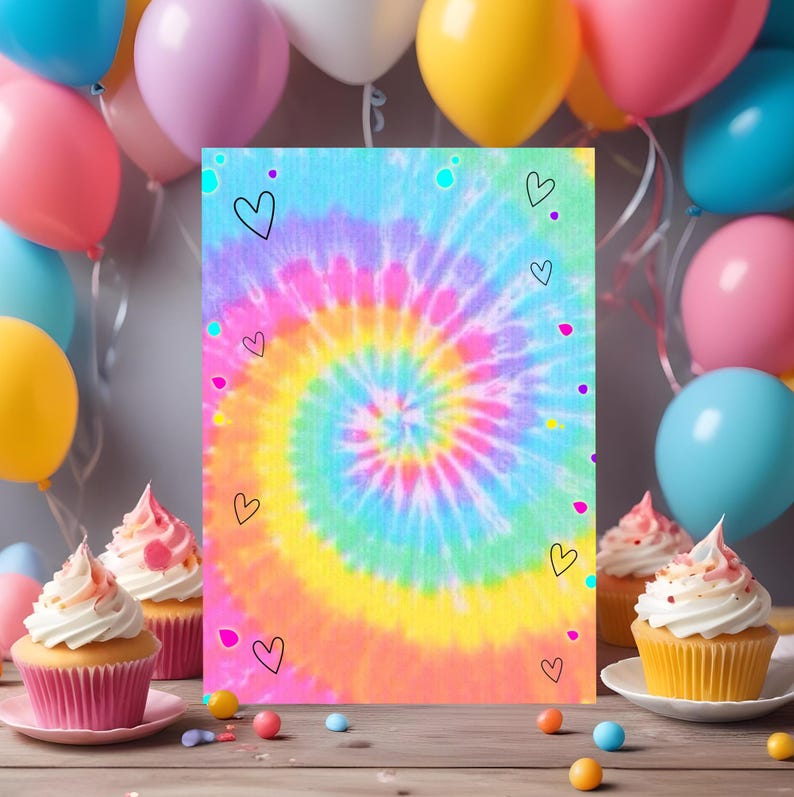 May include: A colorful tie-dye background with a swirl pattern and small hearts. The background is surrounded by colorful balloons and cupcakes.