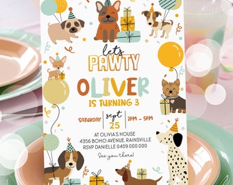 May include: A colorful birthday party invitation featuring a variety of dogs wearing party hats and holding presents. The invitation says "Let's Pawty Oliver is turning 3" with the date and time of the party.