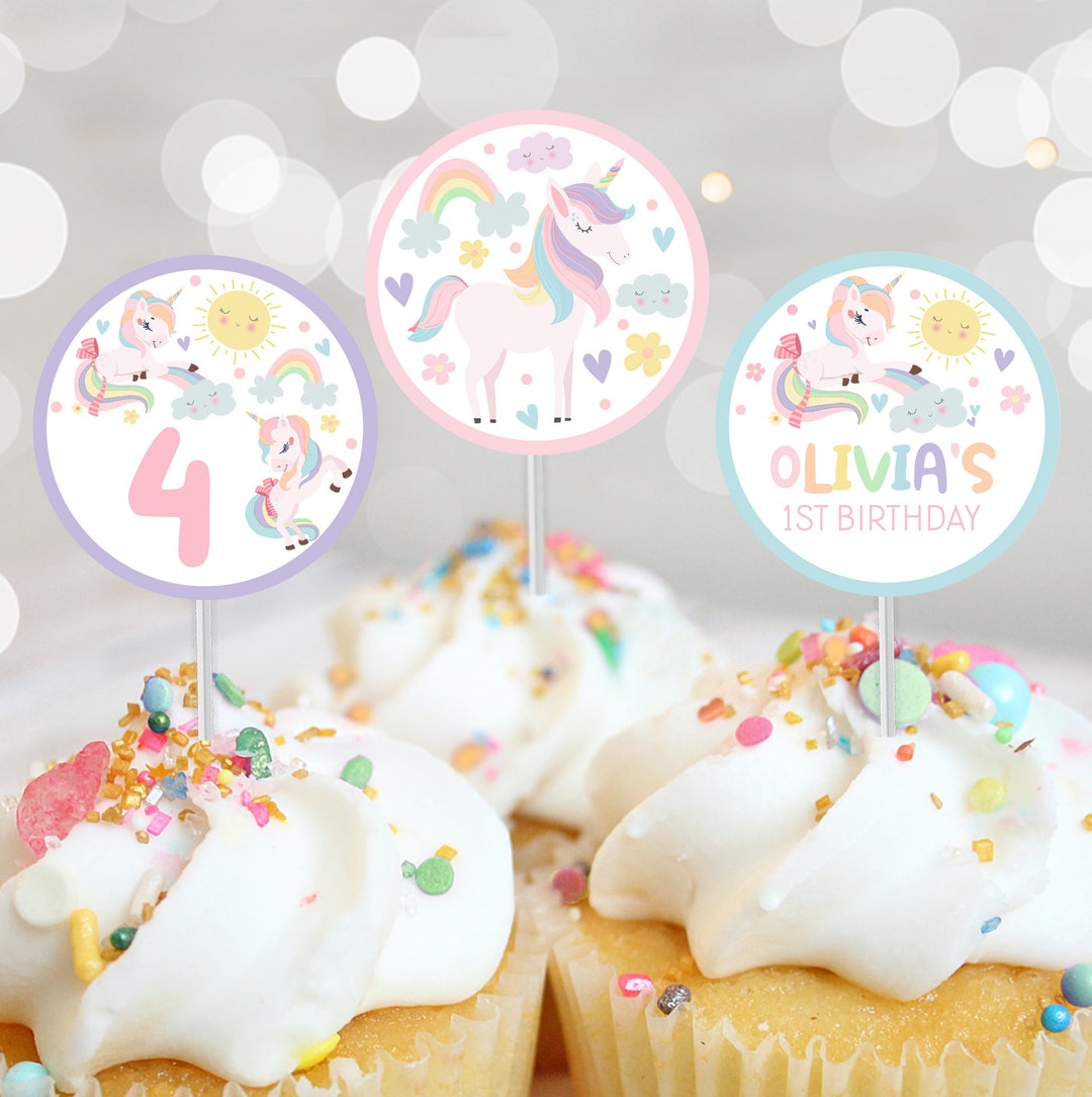 Rainbow Unicorn Cupcake Toppers Instant Download Modern Unicorn Cupcake ...