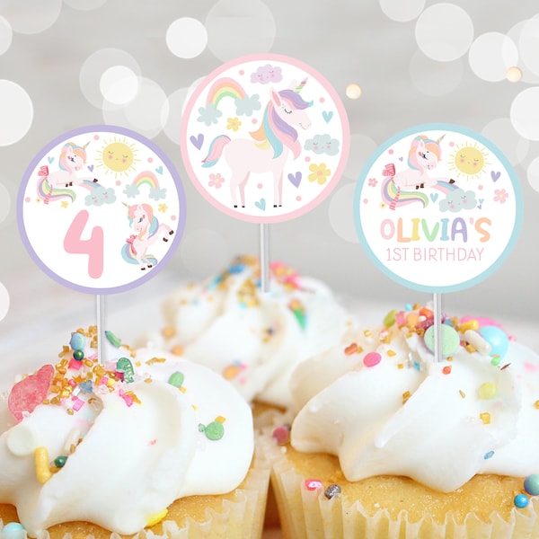 Rainbow Unicorn Cupcake Toppers Instant download Modern Unicorn Cupcake Toppers Editable Rainbows and Unicorns Cupcake Toppers Printable U1