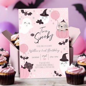 TWO SPOOKY Birthday Invitation Digital Girl Spooky 2nd Birthday Invitation Editable Two Spooky Invite Boho Ghost Party Invite Pink HALLOWEEN
