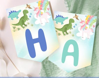 Dinosaur Unicorn Birthday Banner: Editable Party Flags (Digital Download)