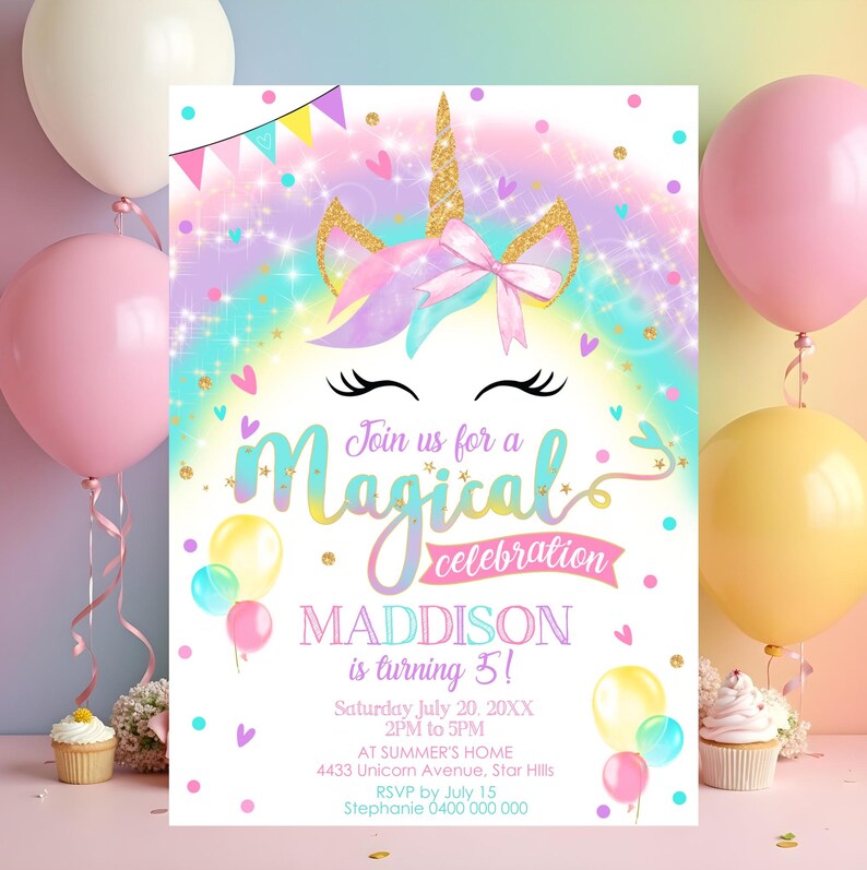 Rainbow Unicorn Birthday Invitation: Magical Celebration (DIY Digital Download 5x7" Template) image 3