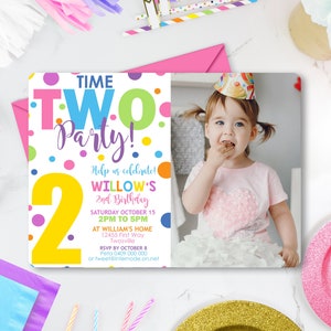 Invitation d'anniversaire TIME TWO PARTY confettis modifiables photo 2e invitation d'anniversaire Téléchargement instantané fille 2e anniversaire inviter des taches arc-en-ciel