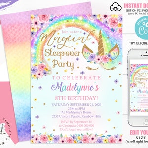 May include: A printable invitation for a magical unicorn sleepover party to celebrate Madelynne's 8th birthday. The invitation features a rainbow, unicorn, and flowers on a light blue background. The text on the invitation reads "Join us for a Magical Sleepover Party to Celebrate Madelynne's 8th Birthday!"  The invitation also includes the date, time, and location of the party.