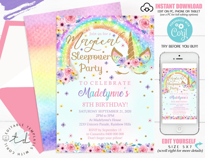 May include: A printable invitation for a magical unicorn sleepover party to celebrate Madelynne's 8th birthday. The invitation features a rainbow, unicorn, and flowers on a light blue background. The text on the invitation reads "Join us for a Magical Sleepover Party to Celebrate Madelynne's 8th Birthday!"  The invitation also includes the date, time, and location of the party.