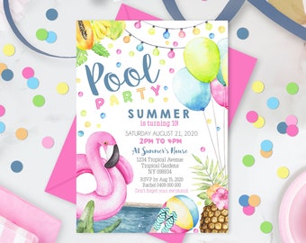 POOL PARTY Invitation Girl Pool Party Invitation Flamingo Pool Party Invitation Instant Download Pool Invitation Swim Party Girl Corjl 0274