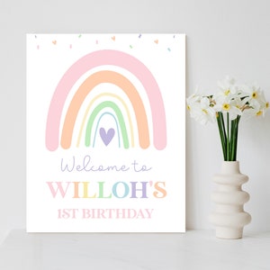 Signo de bienvenida del arco iris editable Pastel Rainbow Bienvenido cumpleaños signo moderno arco iris signo de bienvenida decoraciones del arco iris imprimible 16x20 20x30