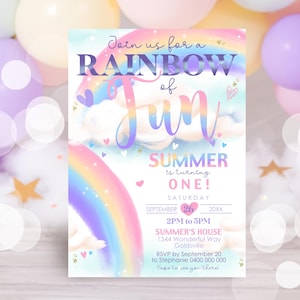 Rainbow 1st Birthday Invitation Editable Rainbow Birthday Invitation Digital Rainbow Clouds Invitation Watercolor Rainbow of Fun Invitation