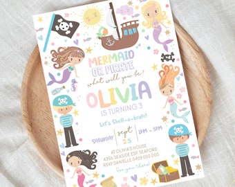 Editable MERMAID and PIRATE Party Invitation Instant Download Mermaid and Pirate Invitation Digital Mermaid Party Corjl Pirate Invitation