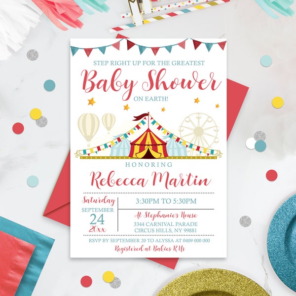 Faire-part CARNAVAL BABY SHOW à téléchargement immédiat Faire-part de carnaval imprimable Invitations de baby shower de carnaval Cirque Baby Shower Corjl