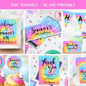 TIE DYE PARTY Package Instant download Tie Dye Printable Tie Dye Party Editable Tie Dye Party Decorations Rainbow Tie Dye Party Printable