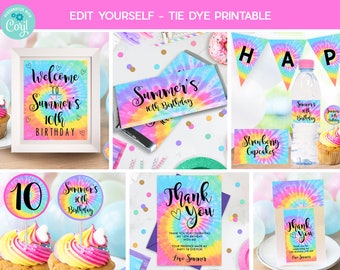 TIE DYE PARTY Package Instant download Tie Dye Printable Tie Dye Party Editable Tie Dye Party Decorations Rainbow Tie Dye Party Printable