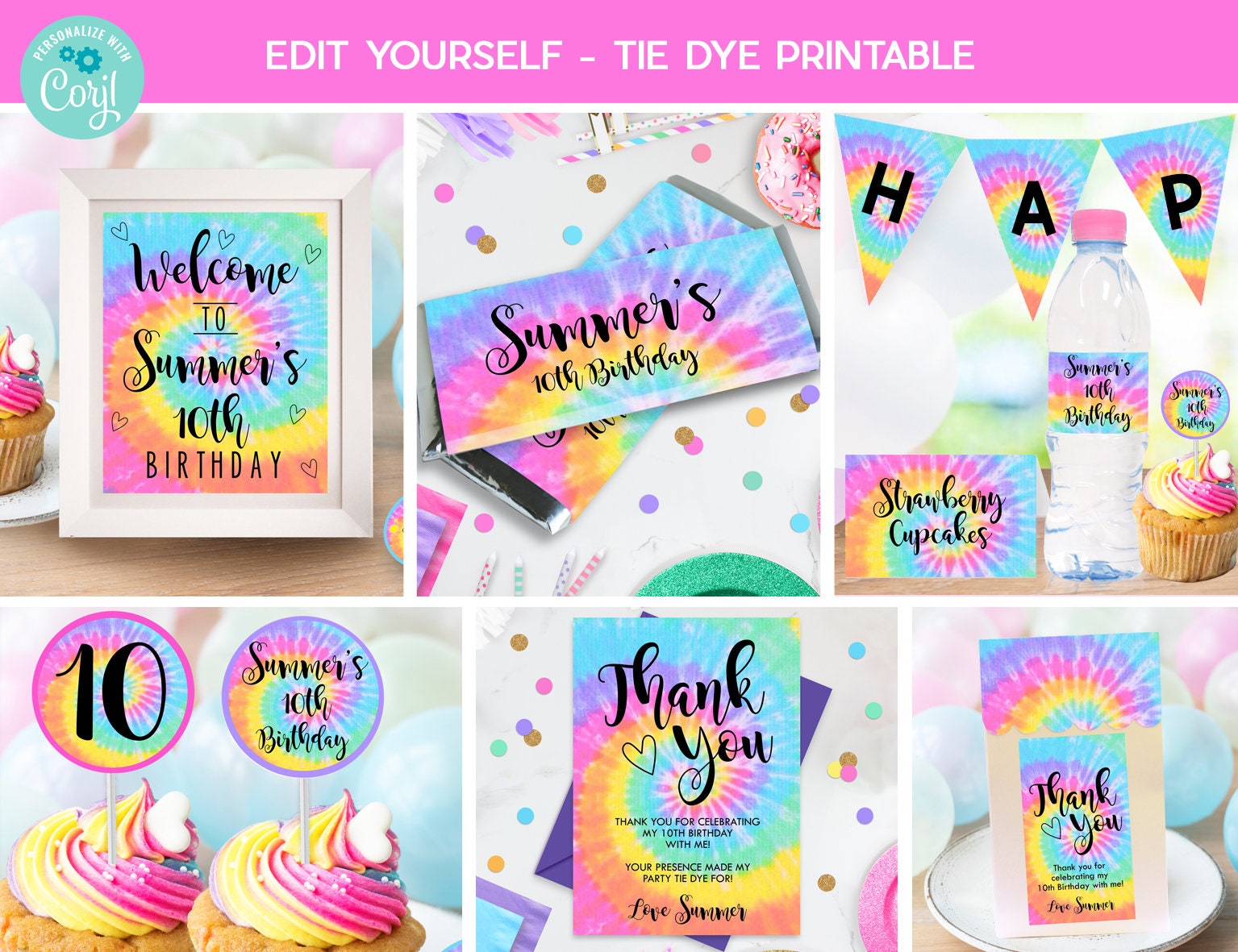 TIE DYE PARTY Package Instant Download Tie Dye Printable Tie Dye Party  Editable Tie Dye Party Decorations Rainbow Tie Dye Party Printable 