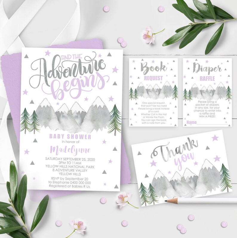 ADVENTURE Baby Shower Invitation Purple Adventure Baby Shower Invitation Girl Baby Shower Package Editable Baby Shower