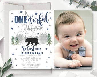 ONEDERFUL ADVENTURE Birthday Invitation Boy 1st Birthday Invitation Adventure Bear Photo Invitation Adventure Invitation Corjl Black Bear