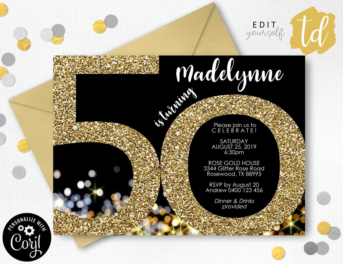 50th Birthday Invitation Instant Download Invitations Gold | Etsy