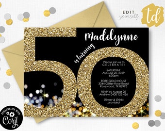 50th Birthday Invitation Instant Download Invitations Gold 50th Birthday Invitation Gold Glitter 50th Invitation Corjl Adult Invitation 50th