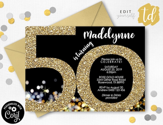 50th Birthday Invitation Instant Download Invitations Gold - Etsy