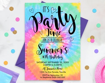 TIE DYE PARTY Invitation Instant Download Rainbow Tie Dye Birthday Invitations Editable Tie Dye Party Invitations Printable It's Party Time