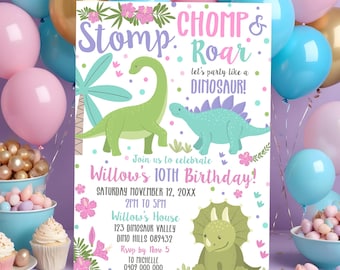 Dinosaur Birthday Invitation Girl: Editable Dino Party (Digital Download)