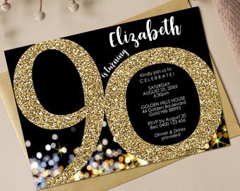 May include: A black and gold birthday invitation with the text "Elizabeth is turning 90" and details for a party on 25th August. The number 90 is made of gold glitter.