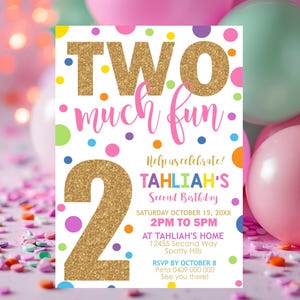 Two Much Fun Girl 2nd Birthday Invitation: Rainbow Spots Second Evite (Digital Download) image 3