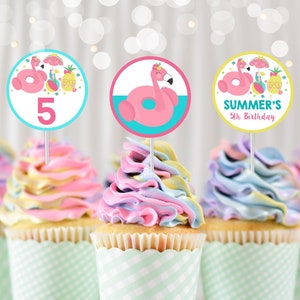 POOL PARTY Cupcake Toppers Instant download Flamingo Cupcake Toppers Editable Flamingo Float Party Cupcake toppers Printable Pool Cupcake