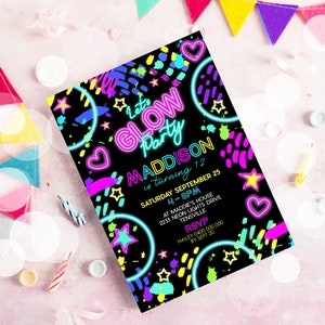 GLOW Birthday Invitation Instant Download Neon Birthday Invitation Editable Glow Party Invitation Neon Paint Splatters Lets Glow Crazy Neon