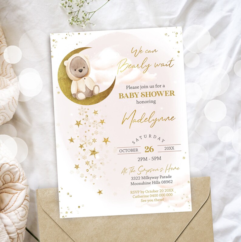 We can Bearly wait BABY SHOWER Invitation Editable Bear Moon Baby Shower Invitation Bear Baby Shower Invite Gender Neutral