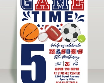 May include: A white invitation with a blue and red "GAME TIME" banner and a large blue number 5. The invitation is for Mason's 5th birthday party and features a variety of sports balls, including a basketball, baseball, football, soccer ball, and tennis ball. The party is on Saturday, February 26th from 2pm to 5pm at the Star Rec Center.