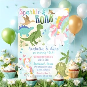 UNICORN and DINOSAUR Birthday Invitation Editable Unicorn Dinosaur Party Invitation Digital Dinosaur Unicorn Invitation Sibling Invitations